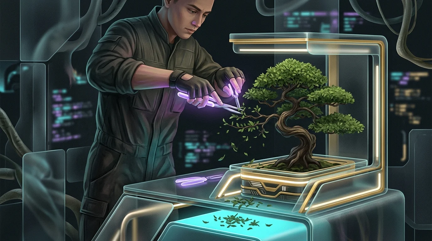Person trimming an overgrown bonsai tree to represent maintaining a balanced investment portfolio.