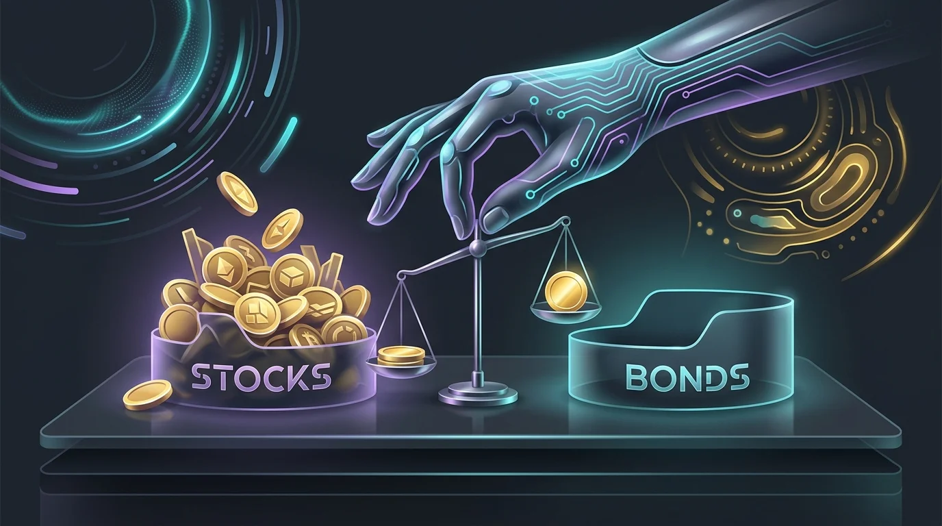 Hand using a scale to balance gold coins between stock and bond piles for an optimized investment portfolio.