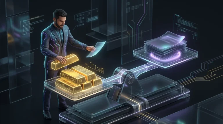 Person balancing gold bars and documents on a scale to assess their investment portfolio risk profile.