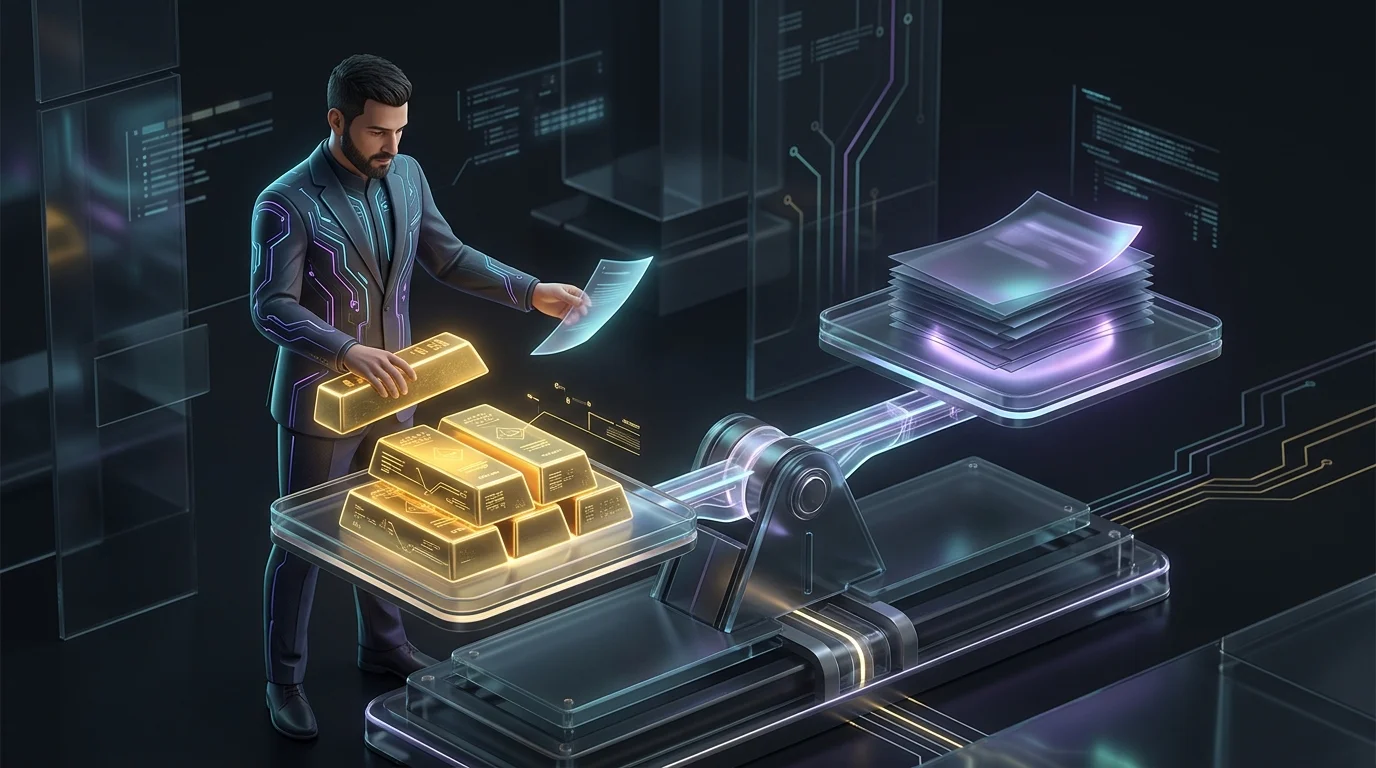 Person balancing gold bars and documents on a scale to assess their investment portfolio risk profile.