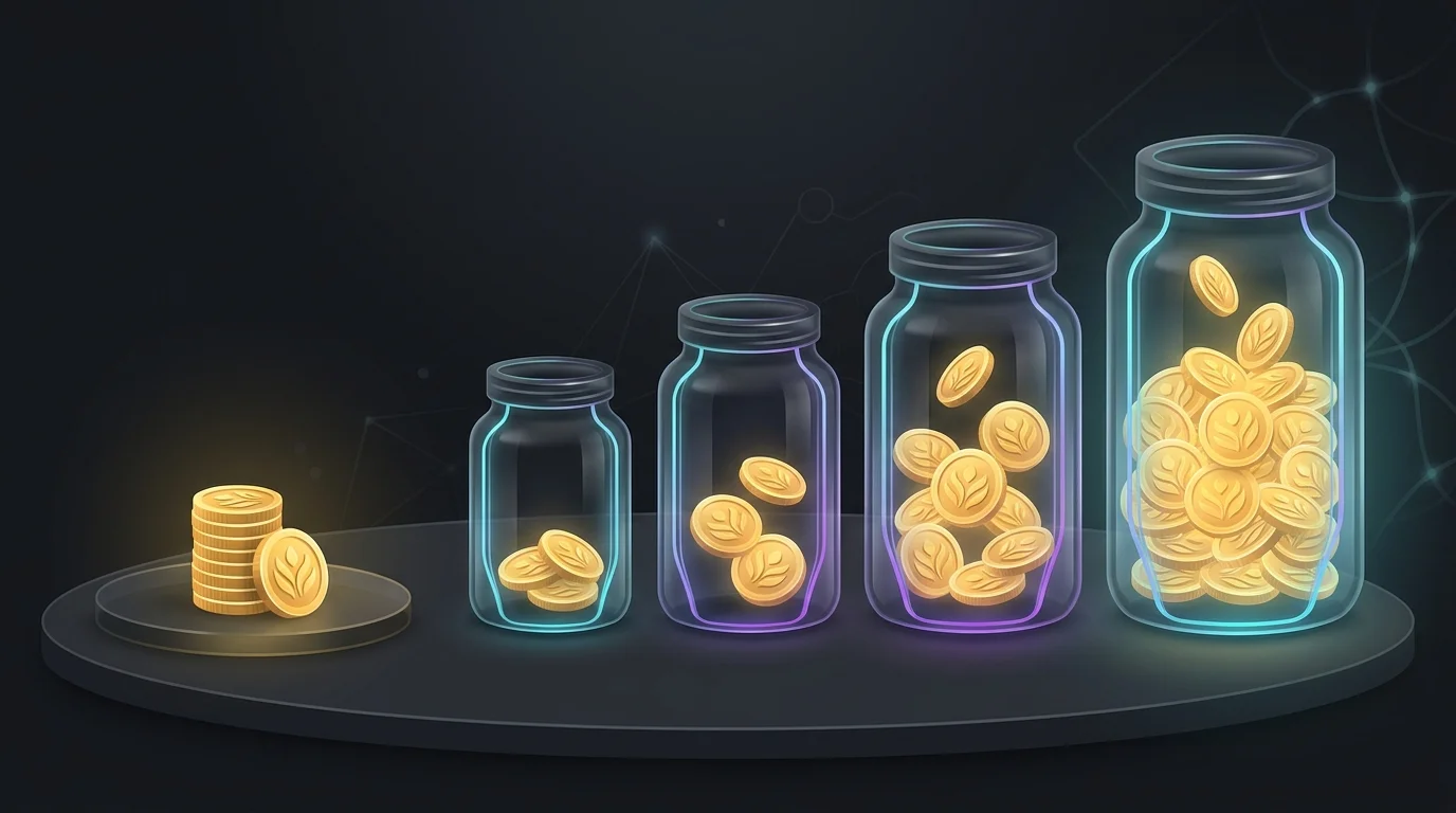 Glass jar filling with gold coins to illustrate the growth of compound interest over time.