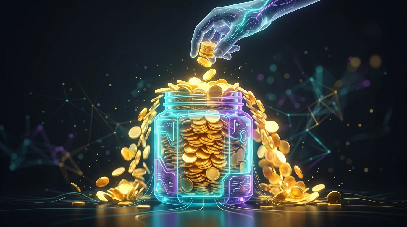 Golden coins filling a glass jar to illustrate how regular payments grow through compound interest calculations.