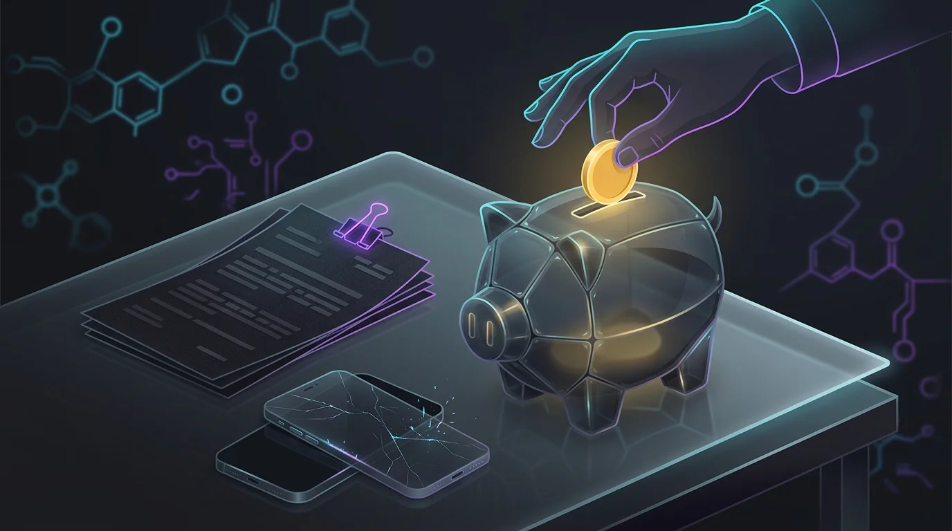 Person placing a gold coin into a piggy bank near unpaid bills and a broken phone to reach emergency savings goals.