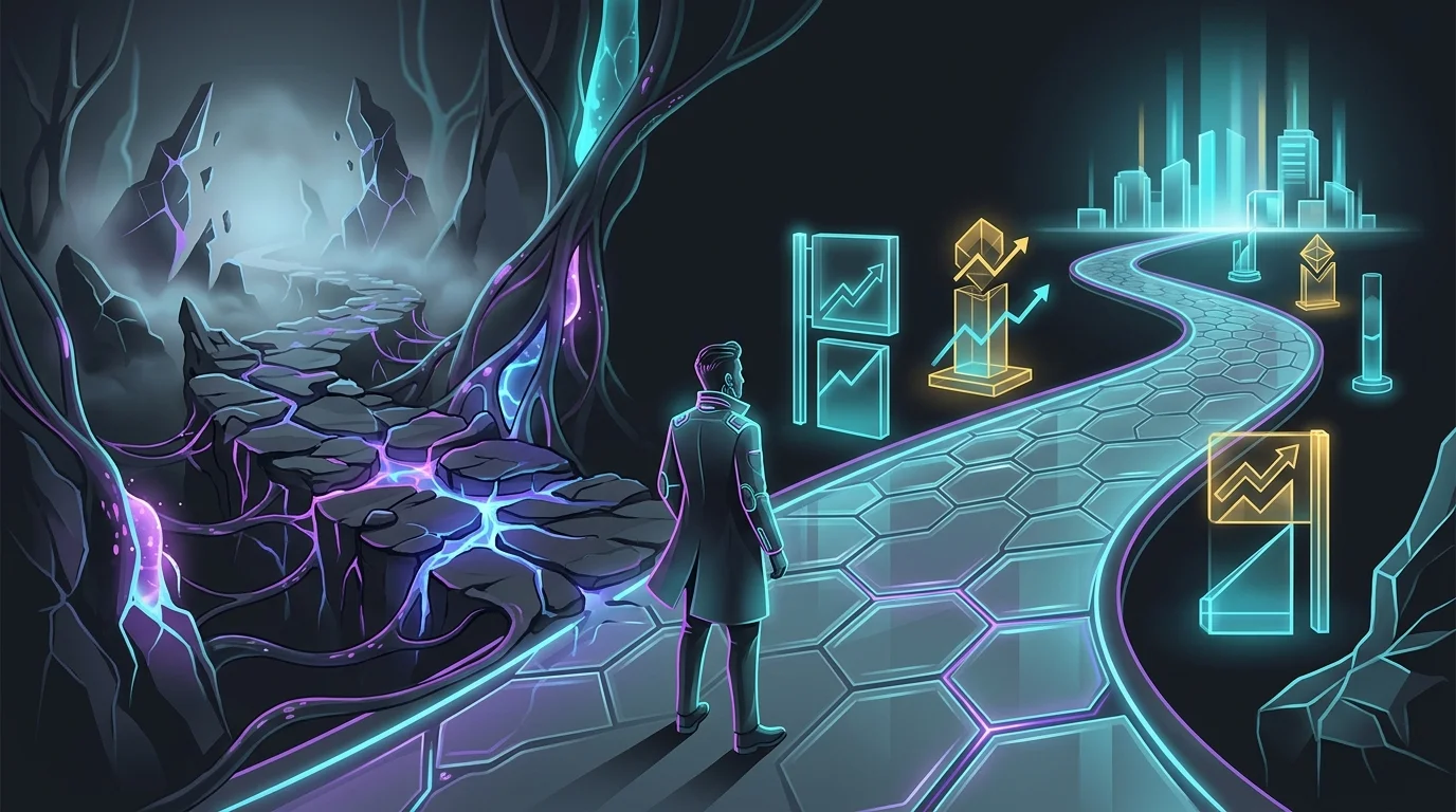 Investor choosing between a risky shortcut and a safe, marked path to avoid common market trends pitfalls.
