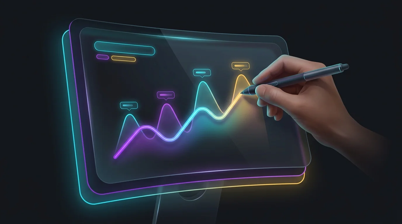 Digital pen drawing a rising trendline on a chart to identify a market trend in TradingView.
