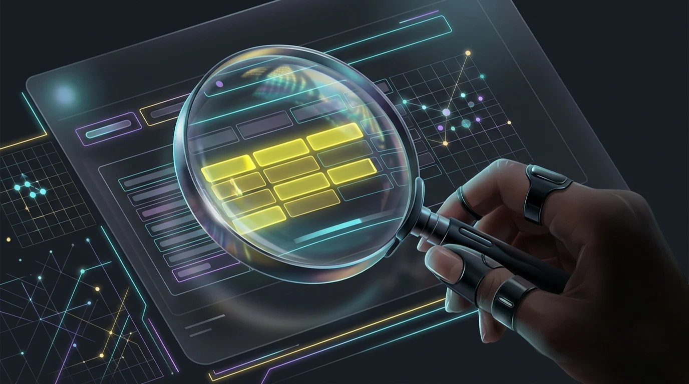 Magnifying glass focused on highlighted financial ratios to analyze liquidity and debt in a company statement.