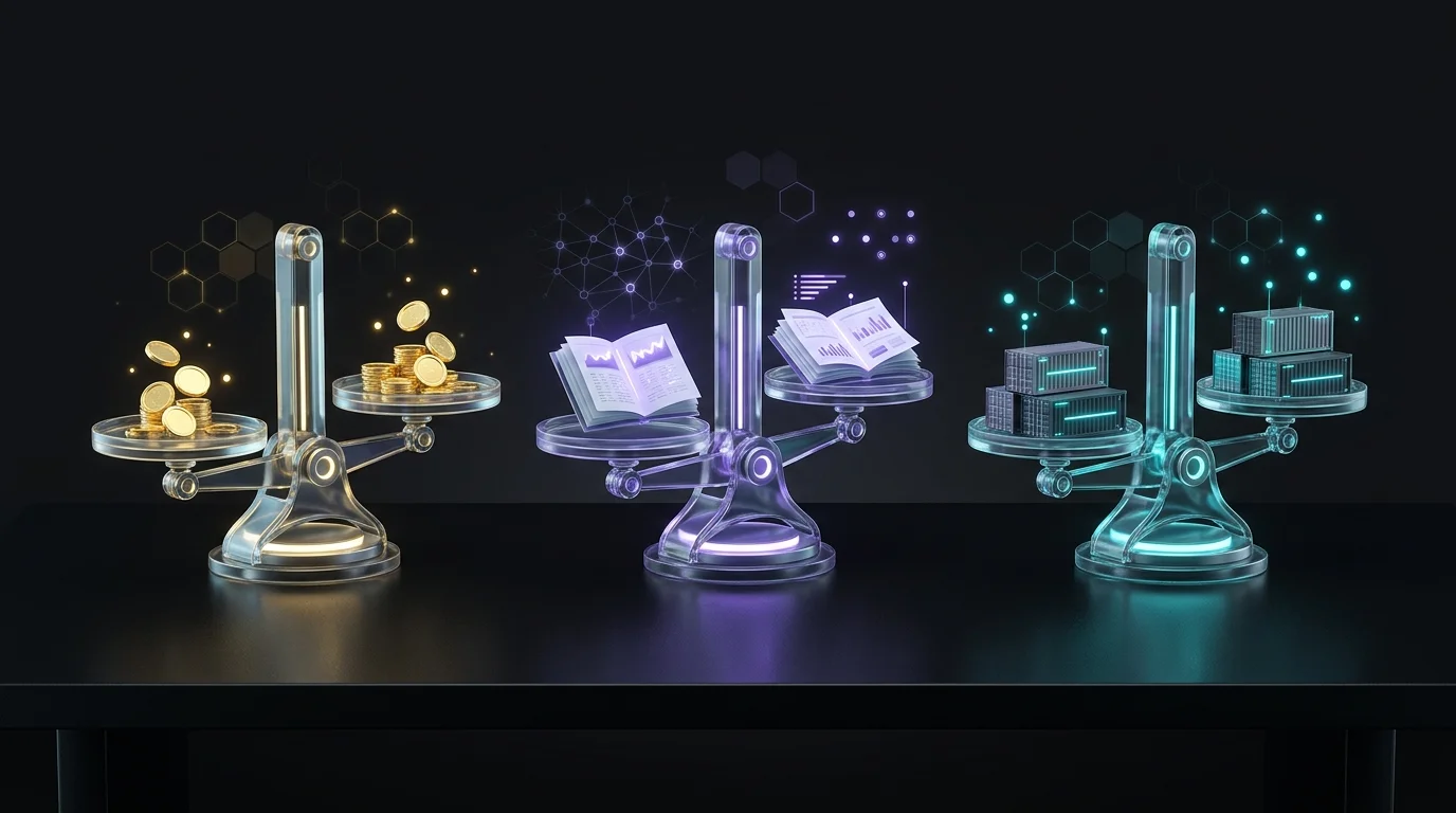 Three glass scales balancing gold, ledgers, and shipping containers to illustrate core financial statements.