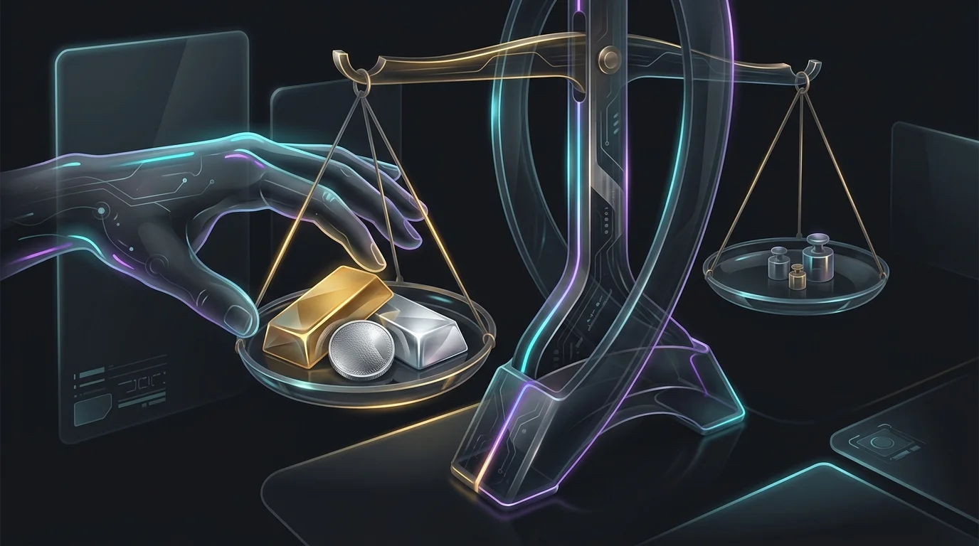 Gold bar, silver coin, and platinum ingot on a balance scale to help investors choose their ideal precious metals.