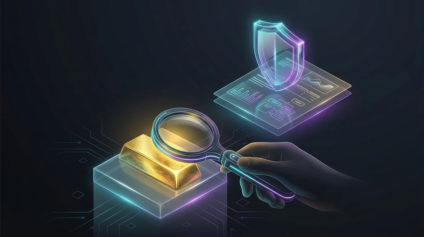 Person using a magnifying glass to inspect a gold bar and price quote, representing secure precious metals investment.