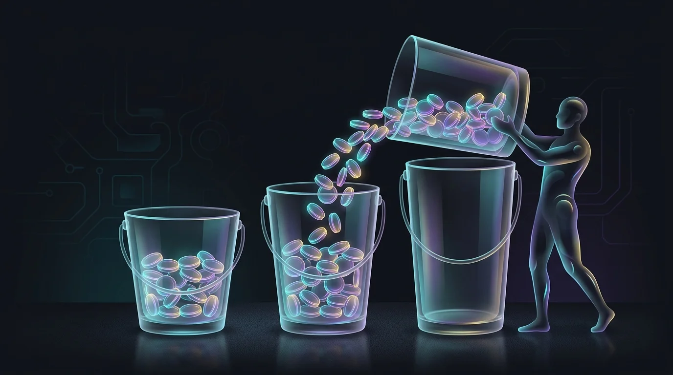 Person pouring coins between three glass buckets to illustrate a diversified retirement withdrawal strategy.
