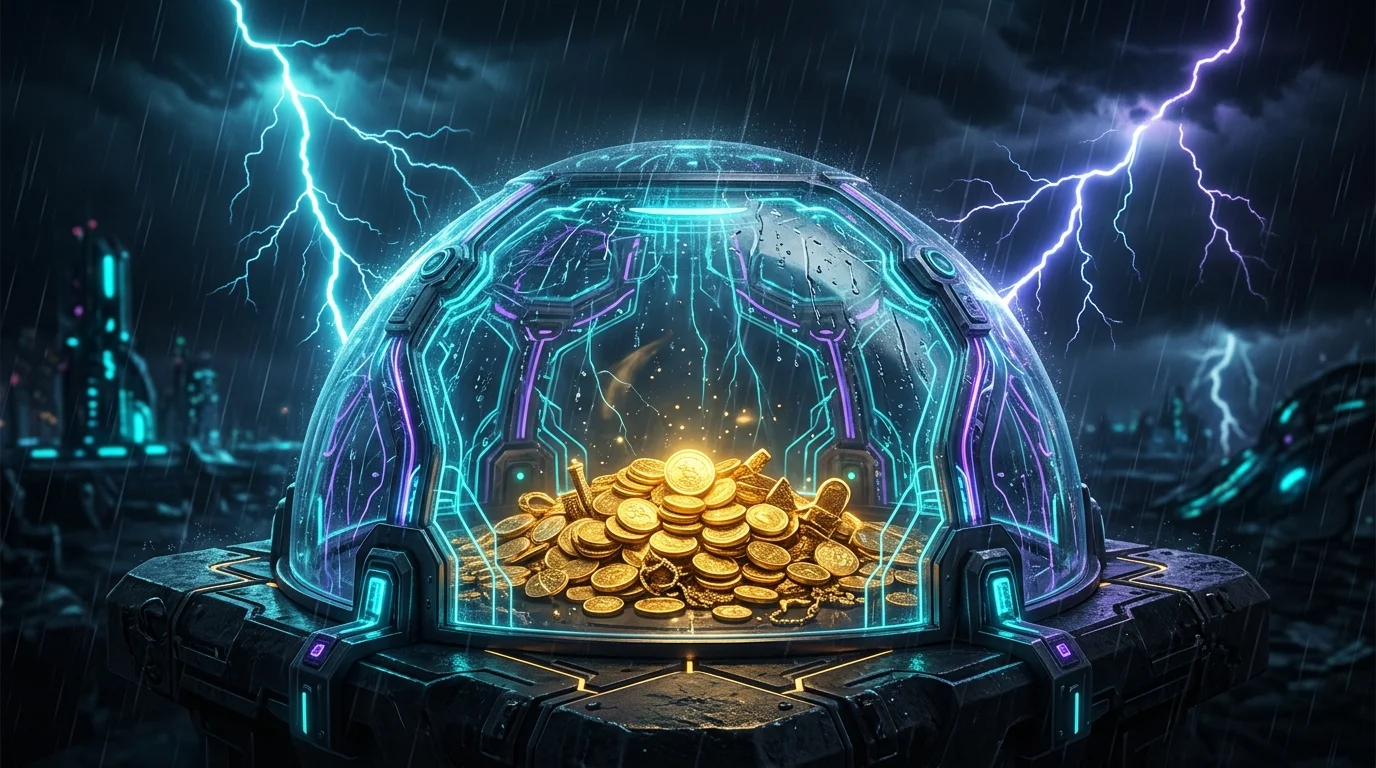 Glass dome protecting gold coins from rain and lightning, symbolizing secure inheritance wealth management.