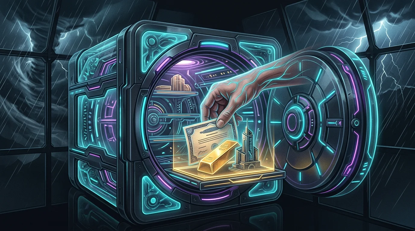 Hand placing gold, bonds, and property into a secure vault to protect assets during a market correction.
