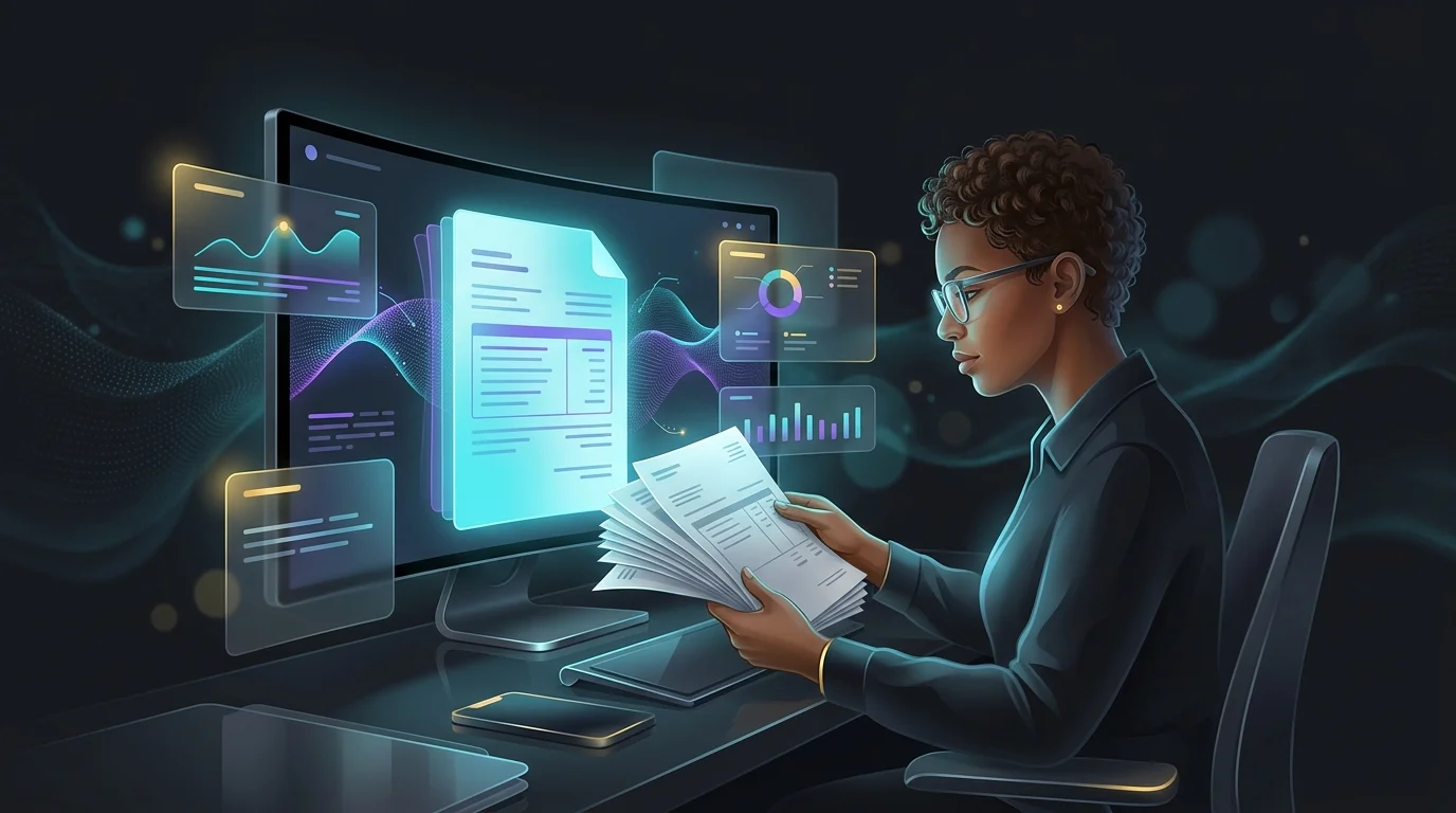 Person reviewing digital Social Security PIA records alongside paper tax documents to verify benefit estimates.