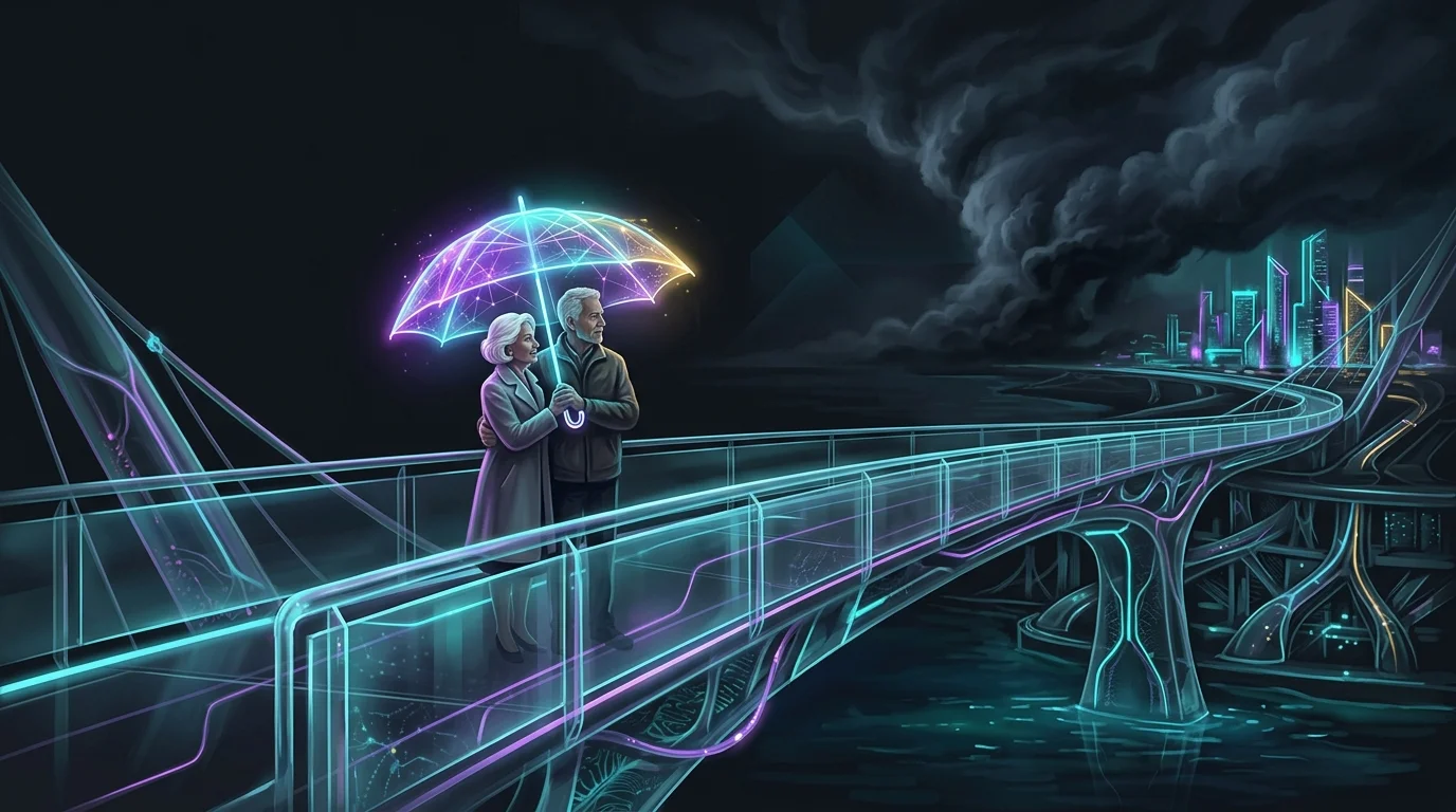 Older couple sharing an umbrella on a bridge, representing coordinated Social Security survivor benefit planning.