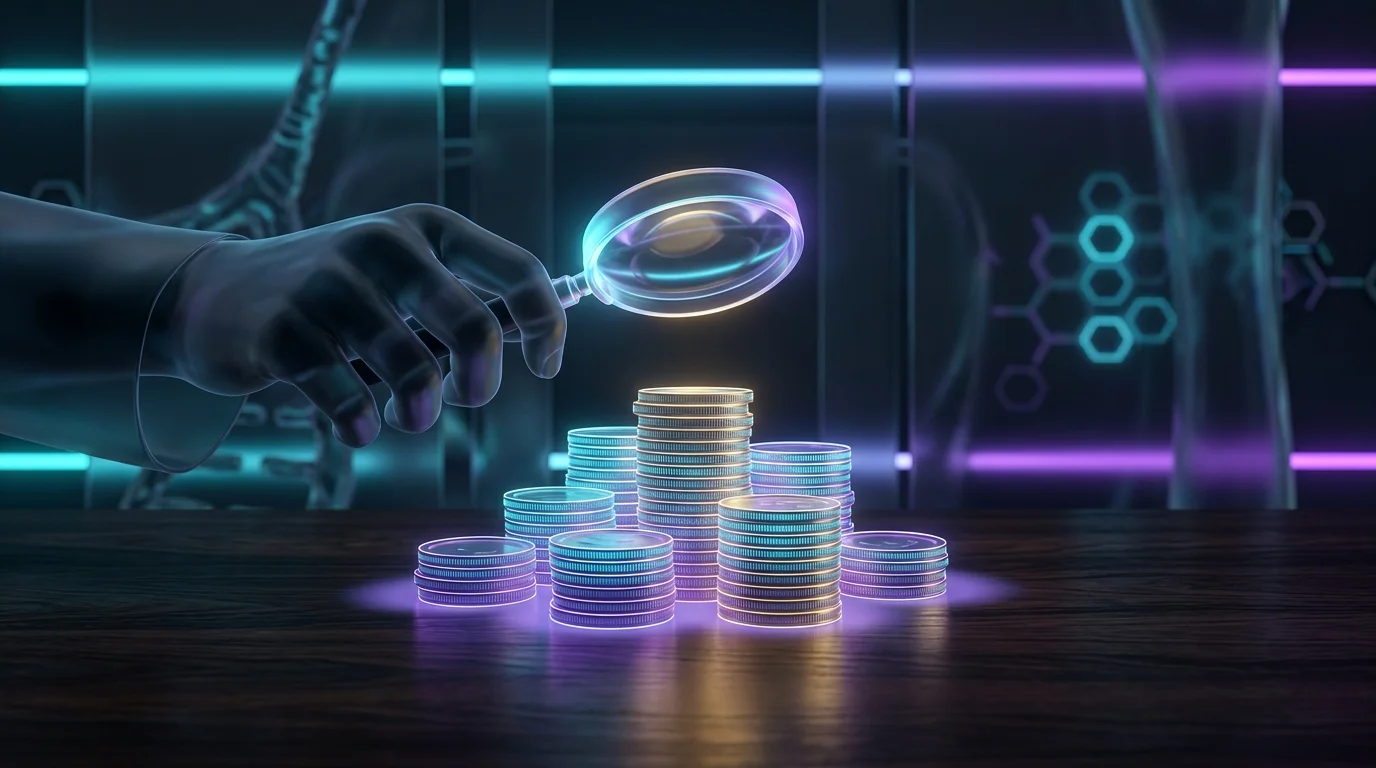 Magnifying glass examining stacked coins divided for dividend investing at a brokerage.
