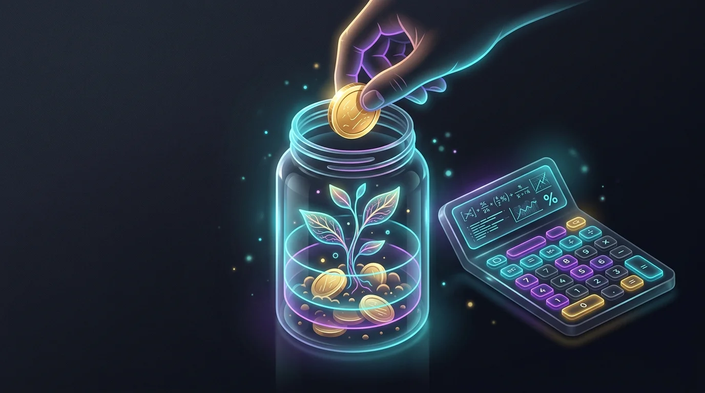 Hand placing a coin into a dividend investing jar next to a calculator showing percentage yields.