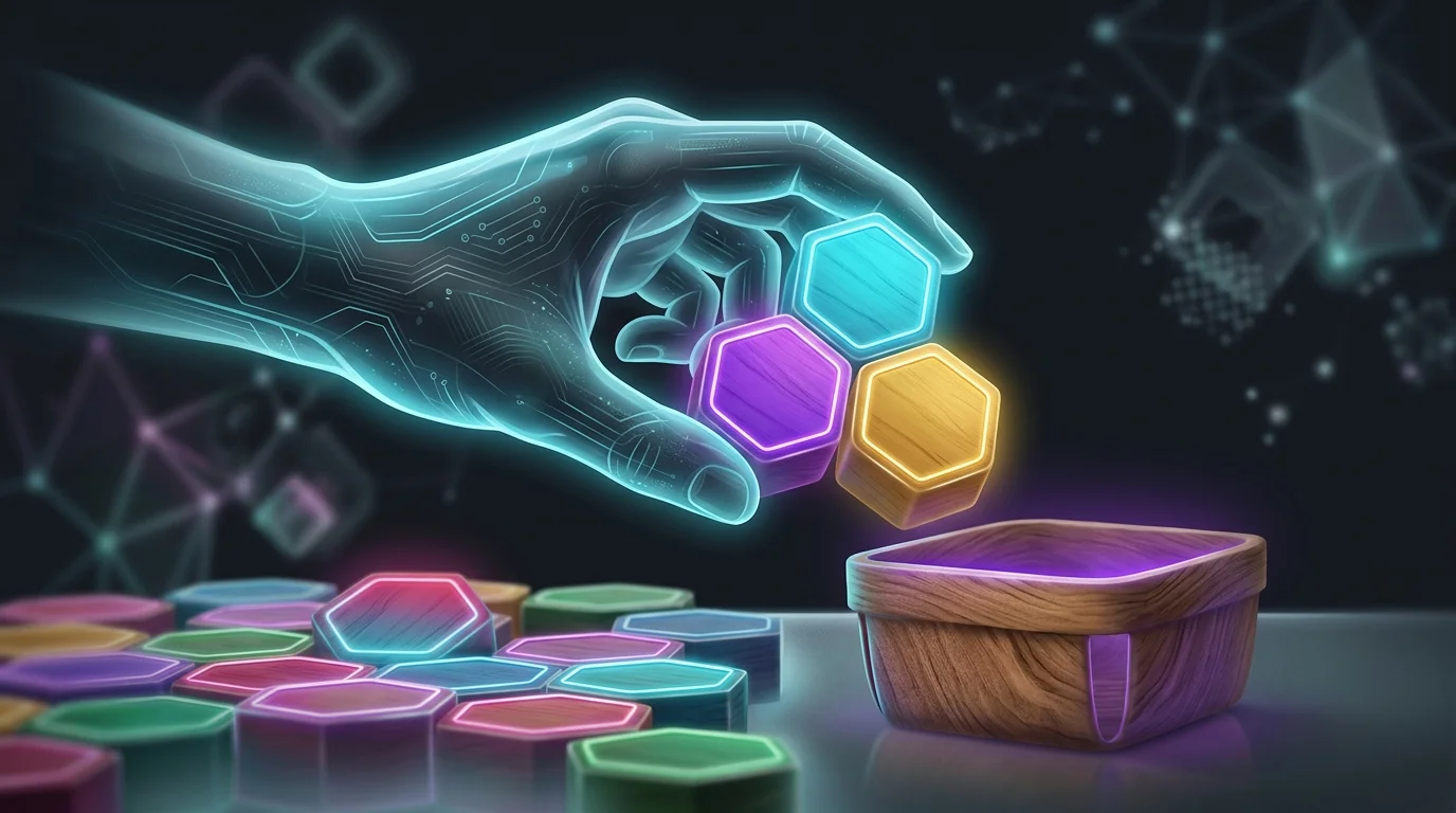 Hand selecting wooden blocks representing diverse business sectors to build a balanced dividend investing portfolio.