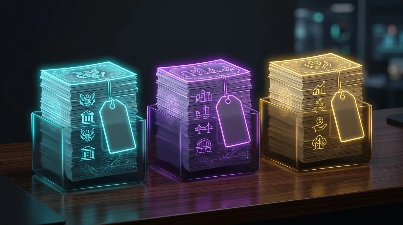 Three stacks of paper bonds on a desk representing federal, municipal, and savings government bond investments.