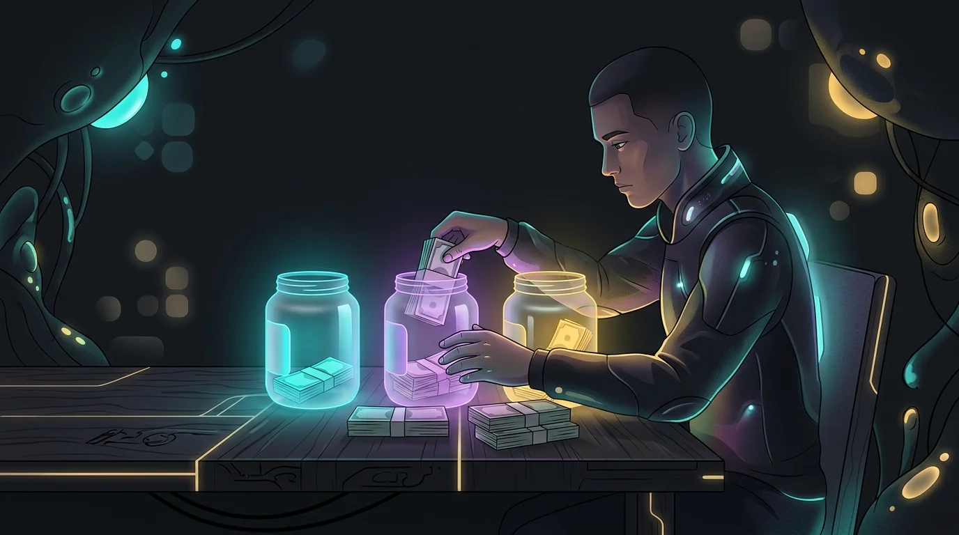 Person sorting money into labeled jars to build a realistic monthly budget for debt repayment.