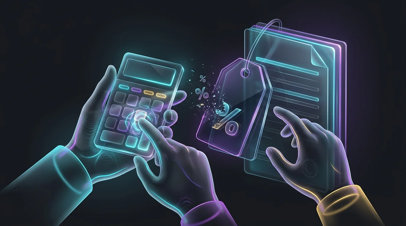 Hands using a calculator to subtract percentage symbols from an insurance policy to lower your premium.