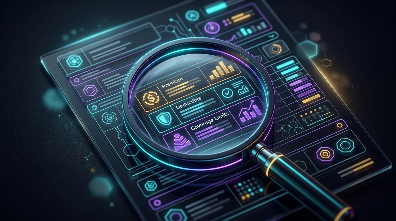 Magnifying glass examining premium and deductible details on an insurance quote document.