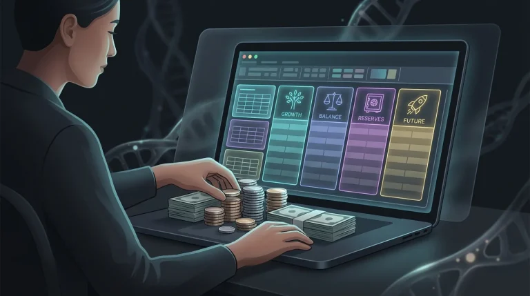 Person organizing cash and digital spreadsheet data to assess their financial position for early retirement.