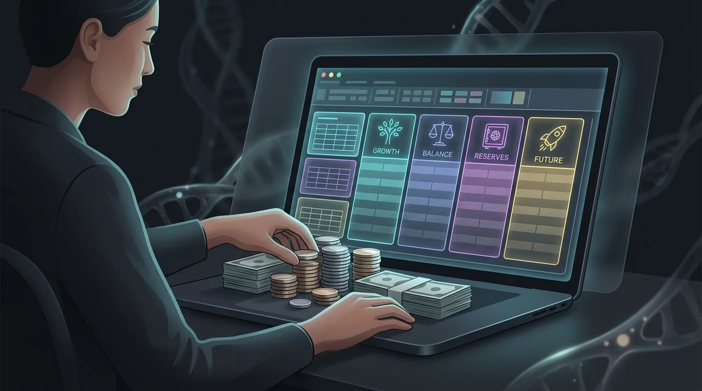 Person organizing cash and digital spreadsheet data to assess their financial position for early retirement.