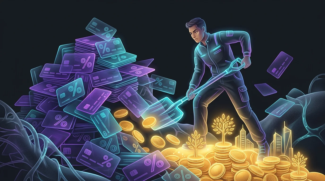 Person shoveling credit card debt to reveal gold coins for early retirement savings.
