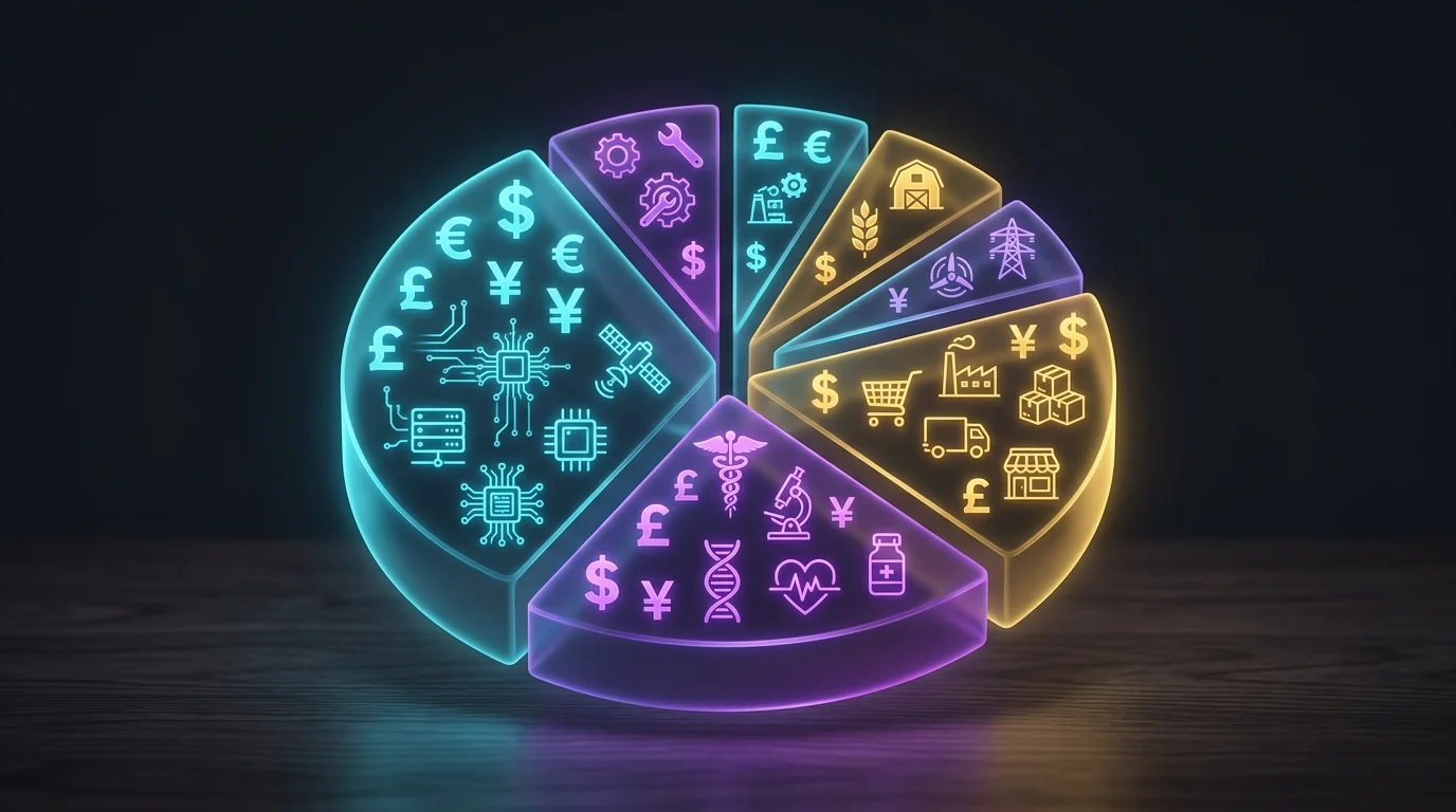 Colorful pie chart showing international currency and industry icons for a diversified foreign portfolio.