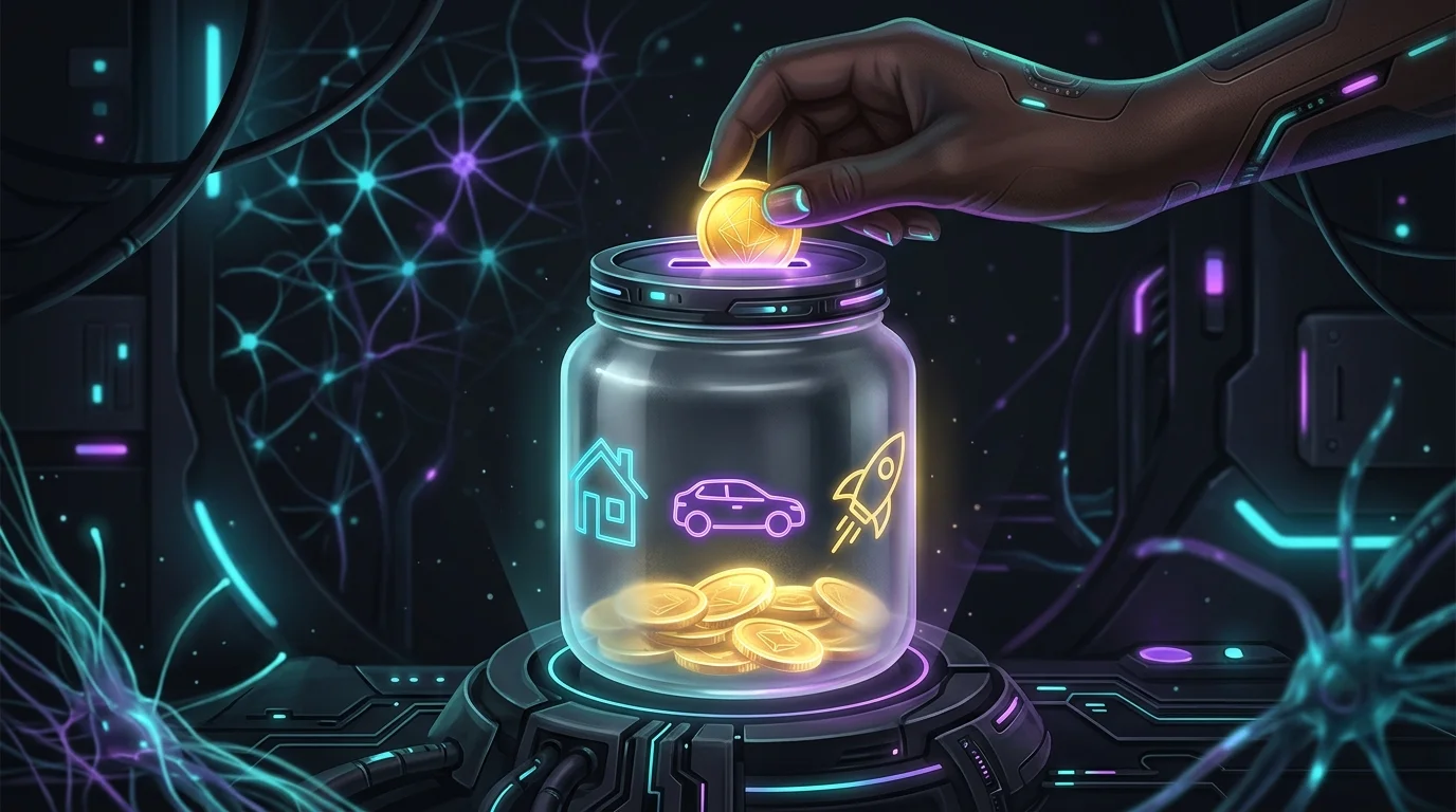 Hand placing a gold coin into a savings jar for goals like a home or car to build wealth in a taxable brokerage account.