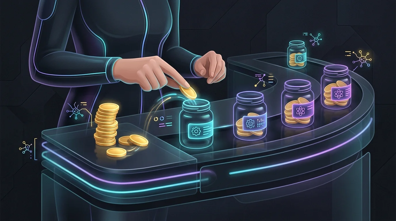 Person sorting gold coins into labeled jars to represent a zero-based budget for building wealth.