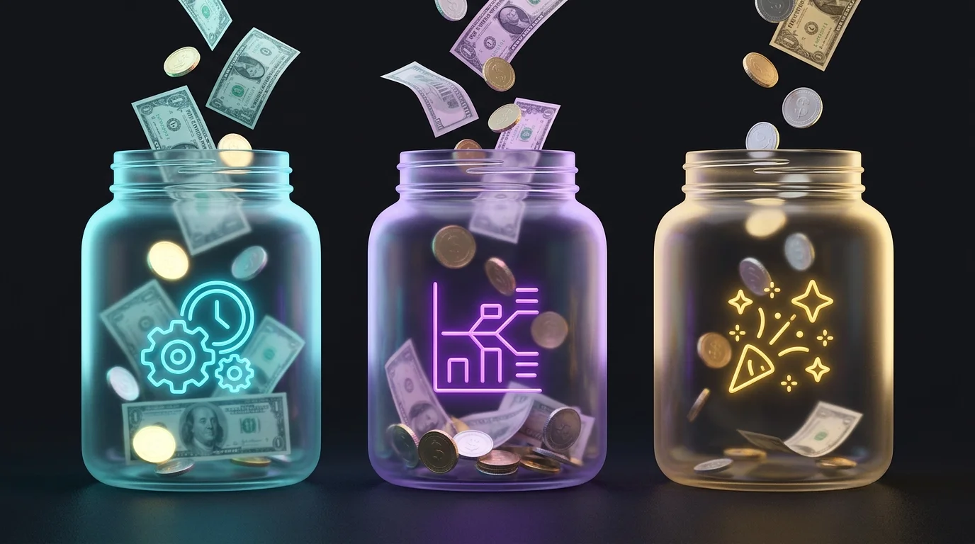 Three glass jars labeled for fixed, variable, and occasional expenses to help organize a retirement budget.