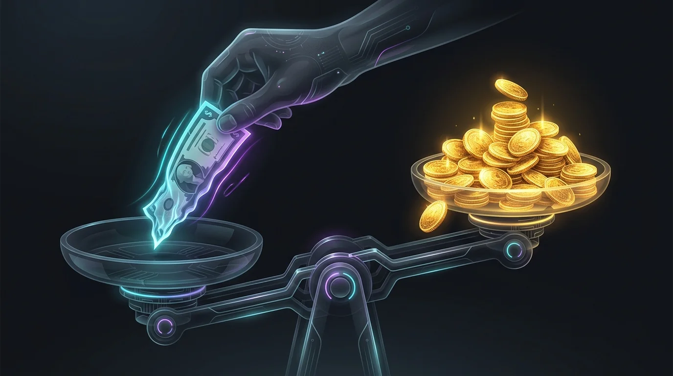 Shrinking dollar bill being weighed against gold coins to illustrate inflation’s impact on investment value.