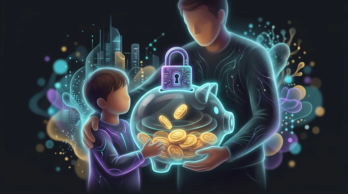 Parent holding a piggy bank with a child to illustrate beneficiary designations for minors.