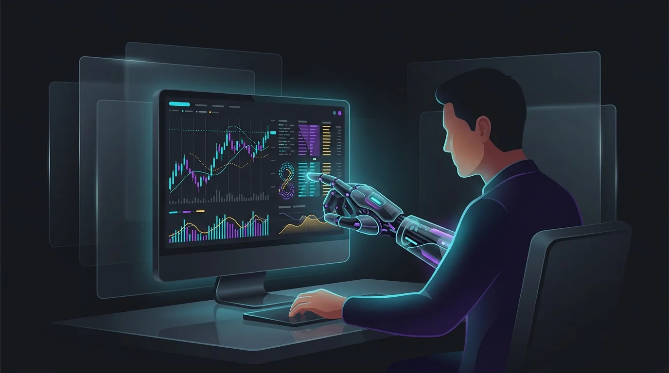 Trader using AI tools and stock charts for efficient day trading analysis.