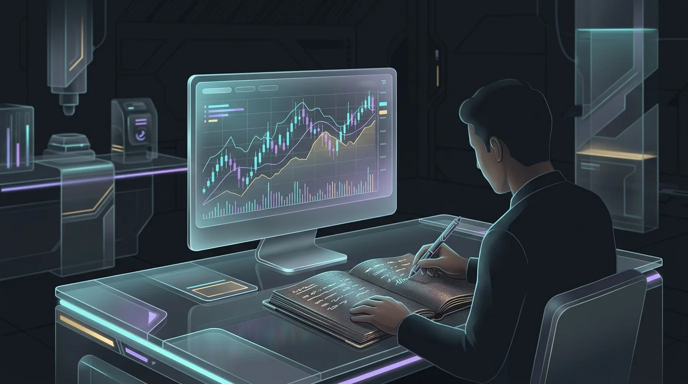 Trader analyzing a stock breakout chart and recording data in a ledger to develop a safe day trading strategy.