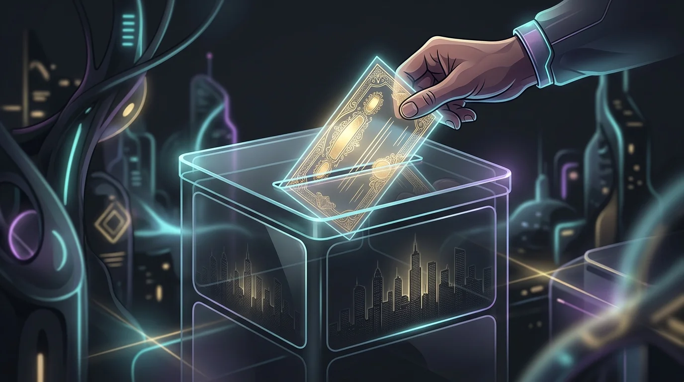 Hand placing a gold-embossed municipal bond certificate into a city-themed ballot box for tax-free investment.