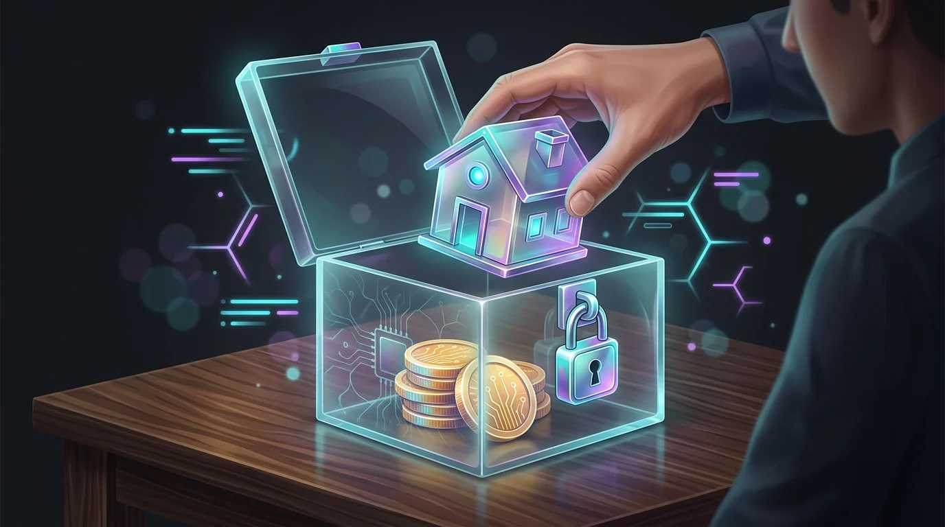 Person placing a house and coins into a glass box to represent protecting assets within a living trust.