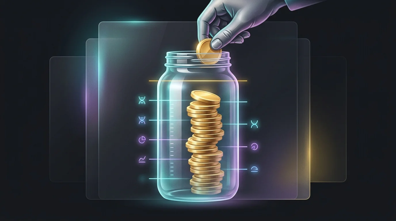 Person stacking coins into a jar marked with 2026 401(k) contribution limit thresholds for retirement savings.