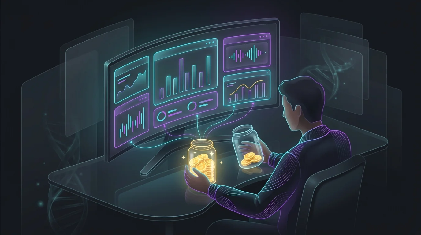 Trader comparing gold coins while using an options trading platform interface to evaluate brokerage fees.