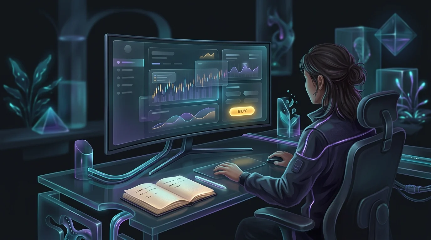 Trader using a computer interface to execute a first options trade and journal their strategy.