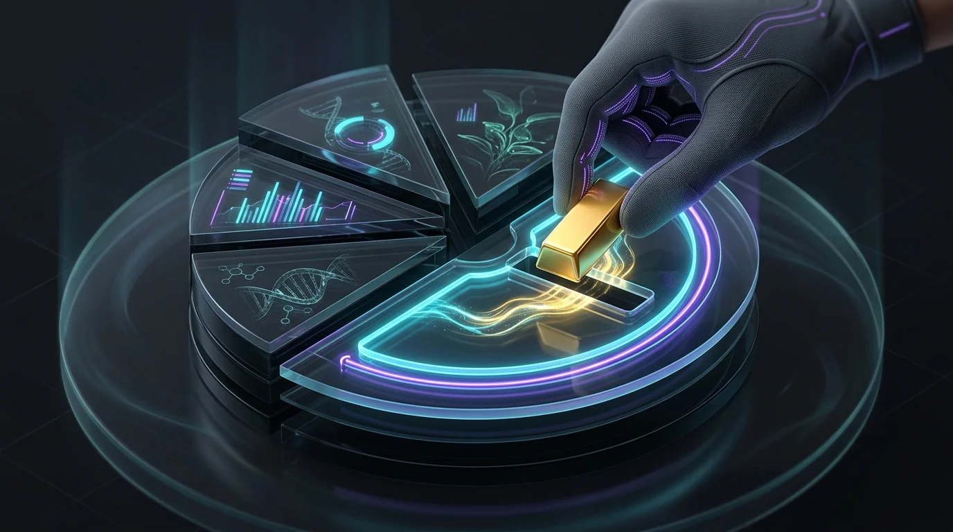 Hand placing a gold bar into a pie chart container to represent a commodity investment allocation.