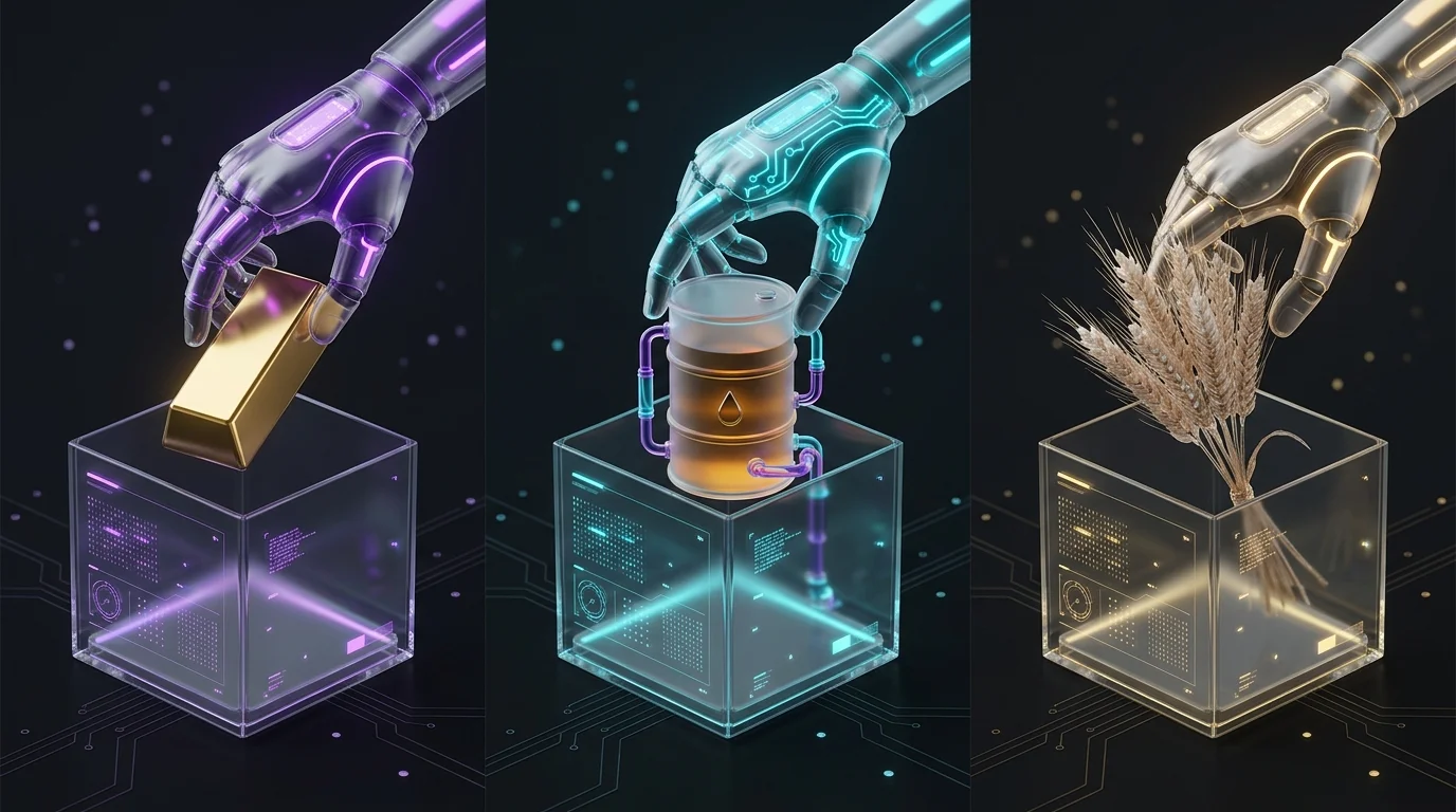 Hand placing gold, oil, and wheat into a trading box representing diverse commodity investment options.