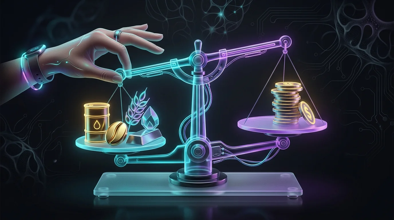 Hand balancing a scale between commodity icons and fee coins to illustrate risk management and investment costs.