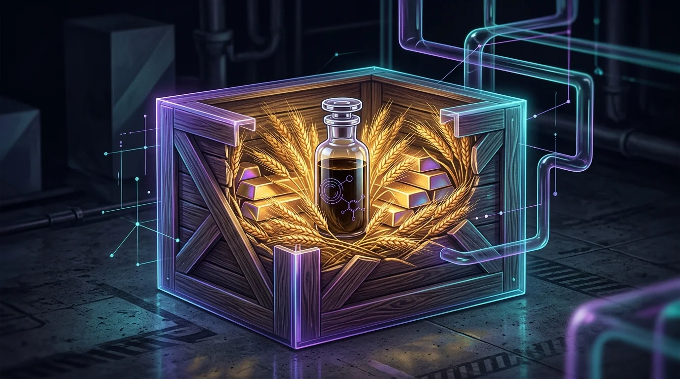 Wooden crate containing gold bars, wheat, and crude oil to represent essential commodity investments.