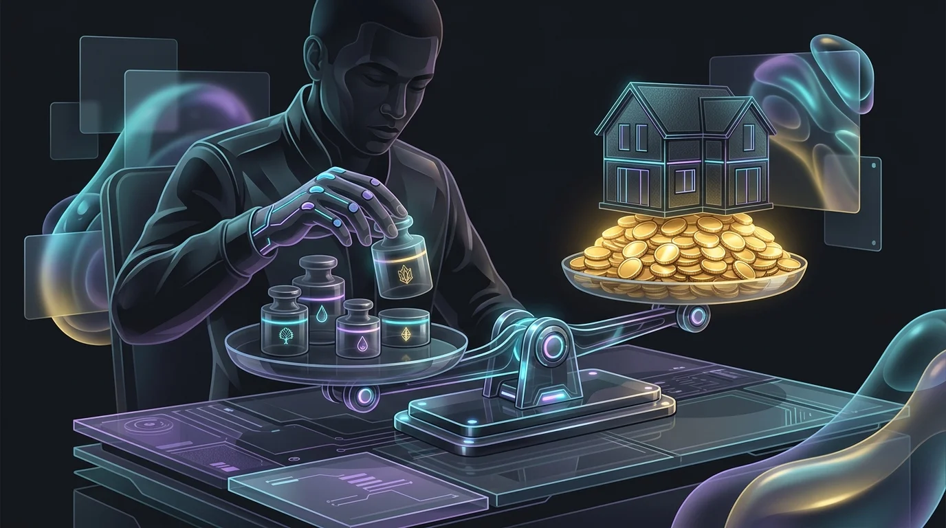 Person balancing a house model against gold coins to calculate total mortgage terms and real loan costs.