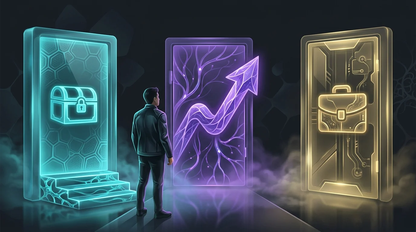Person standing before three doors representing different mortgage terms based on savings and financial goals.