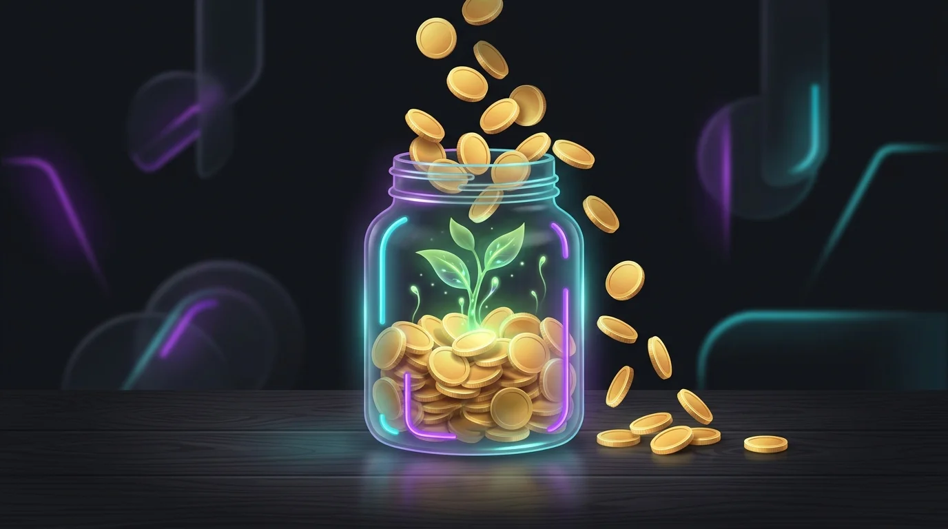 Gold coins filling a glass jar with a sprouting plant to represent passive income growth from savings and dividends.