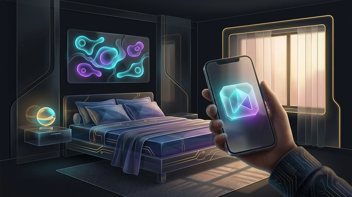 Person using a rental app to manage a clean, sunlit spare bedroom as a passive income stream.