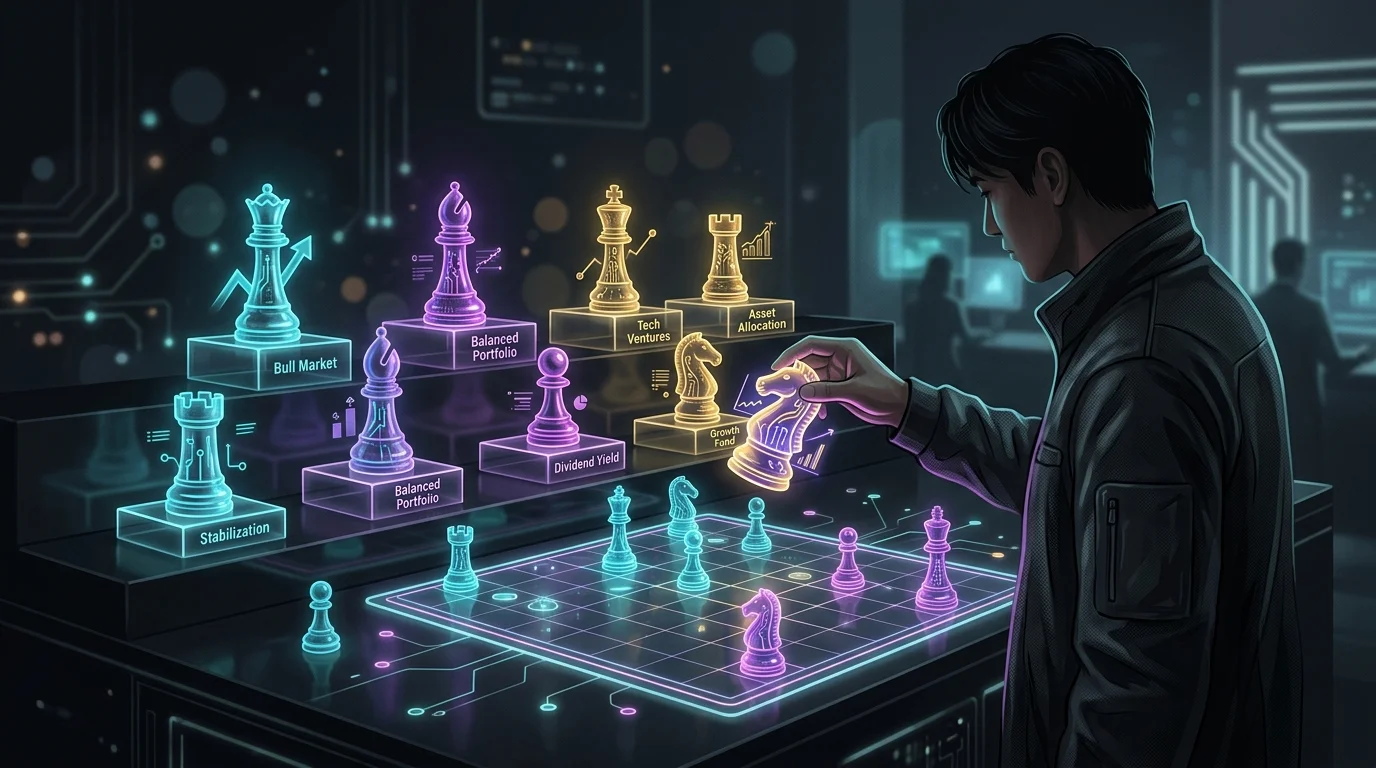 Investor choosing a chess piece representing a specific hedge fund strategy to balance risk and returns.
